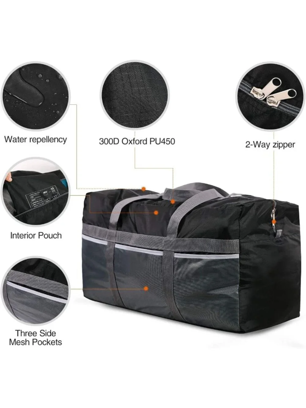 Lightweight Waterproof Foldable Travel Bag - Large Sports Tote 75L/96L/100L